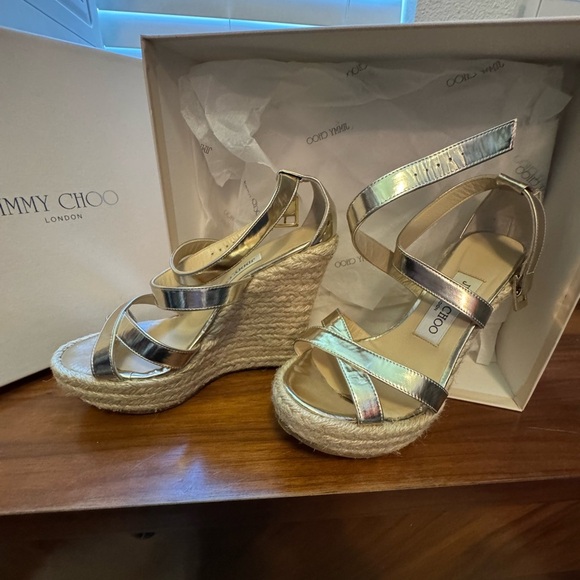 Jimmy Choo Gold/Champage Porto Platform Wedge Espadrille Sandal EU36/6 - Picture 1 of 16